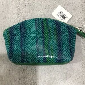 NWT  I. L. I. New York green multi snake embossed leather cosmetic bag